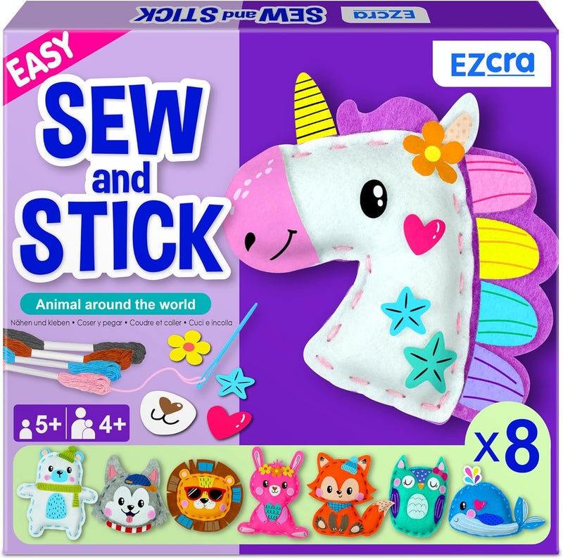 EZCRA Unicorn Sewing Kit for Kids - 8-in-1 Kids Sewing Kit - Easy to Do Craft Kits for Ages 4-8 - Sewing Crafts - Extra Felt Stickers for Decoration - No Mess with Full Instructions - Image 1